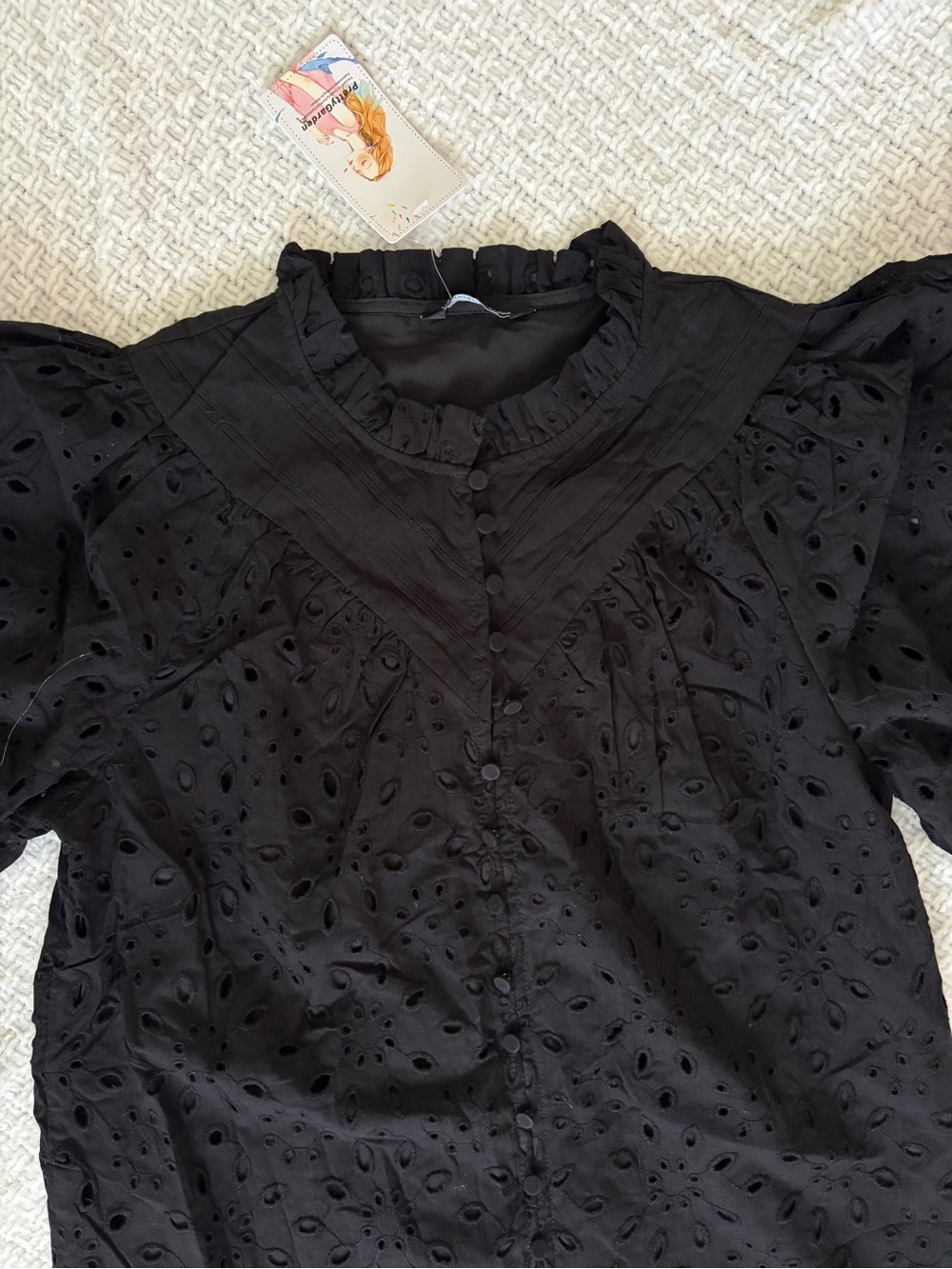NWT Black Eyelet Top Pretty Garden Puff Sleeve Ruffled Trim Coquette Boho Tag: S - Picture 3 of 8